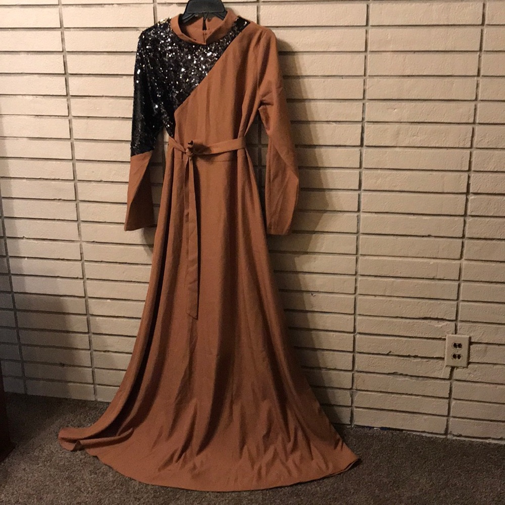 Long half sequined Sleeve MustardTan Dress